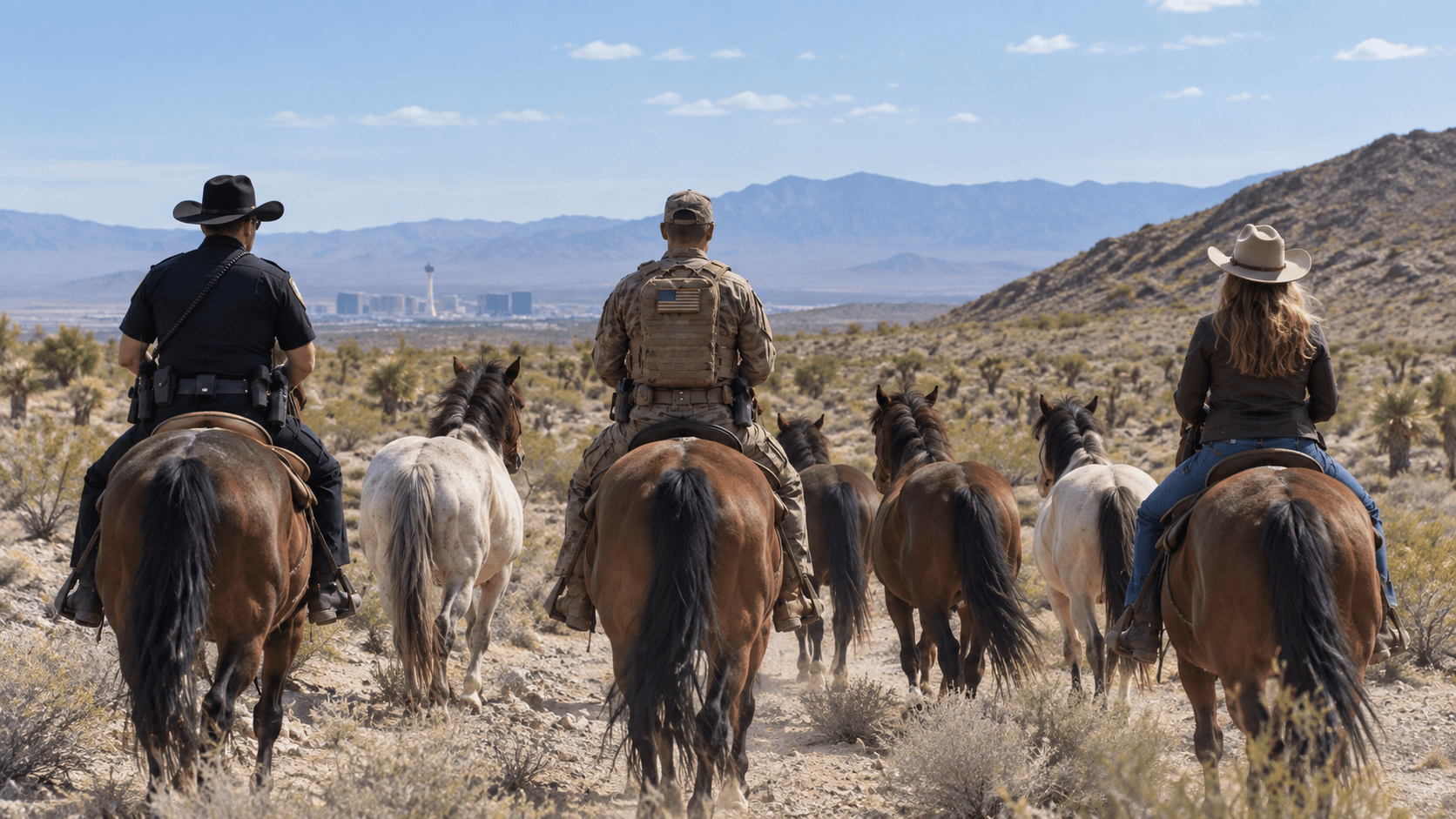Illustrated riders and mustangs crossing a desert landscape with mountains in the distance